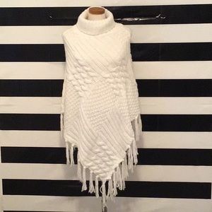 White Classic Cable Knit Turtle Neck Poncho
